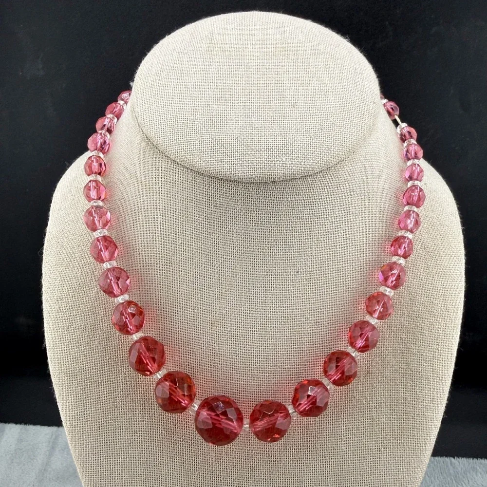 Vintage Glass Beaded Necklace Pink Faceted‎  16